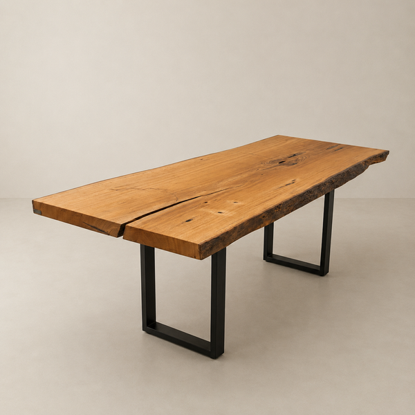 mesa organica arboreal madeira maciça com pe de ferro preto estilo industrial tampo rustico com fenda