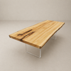 mesa organica arboreal madeira maciça com pe de acrilico transparente tampo rustico com detalhes organicos