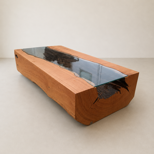 mesa de centro rustica em bloco de madeira maciça com vidro arboreal