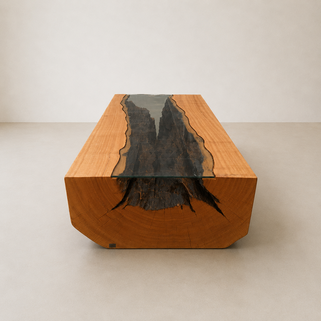 mesa de centro rustica em bloco de madeira maciça com vidro arboreal