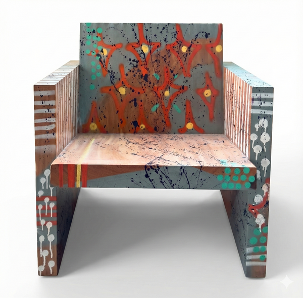Poltrona Canopy Wood customizada ArboREAL em madeira maciça, com braços de madeira e pintura artística manual exclusiva, design contemporâneo e estrutura robusta, apresentada em fundo branco.