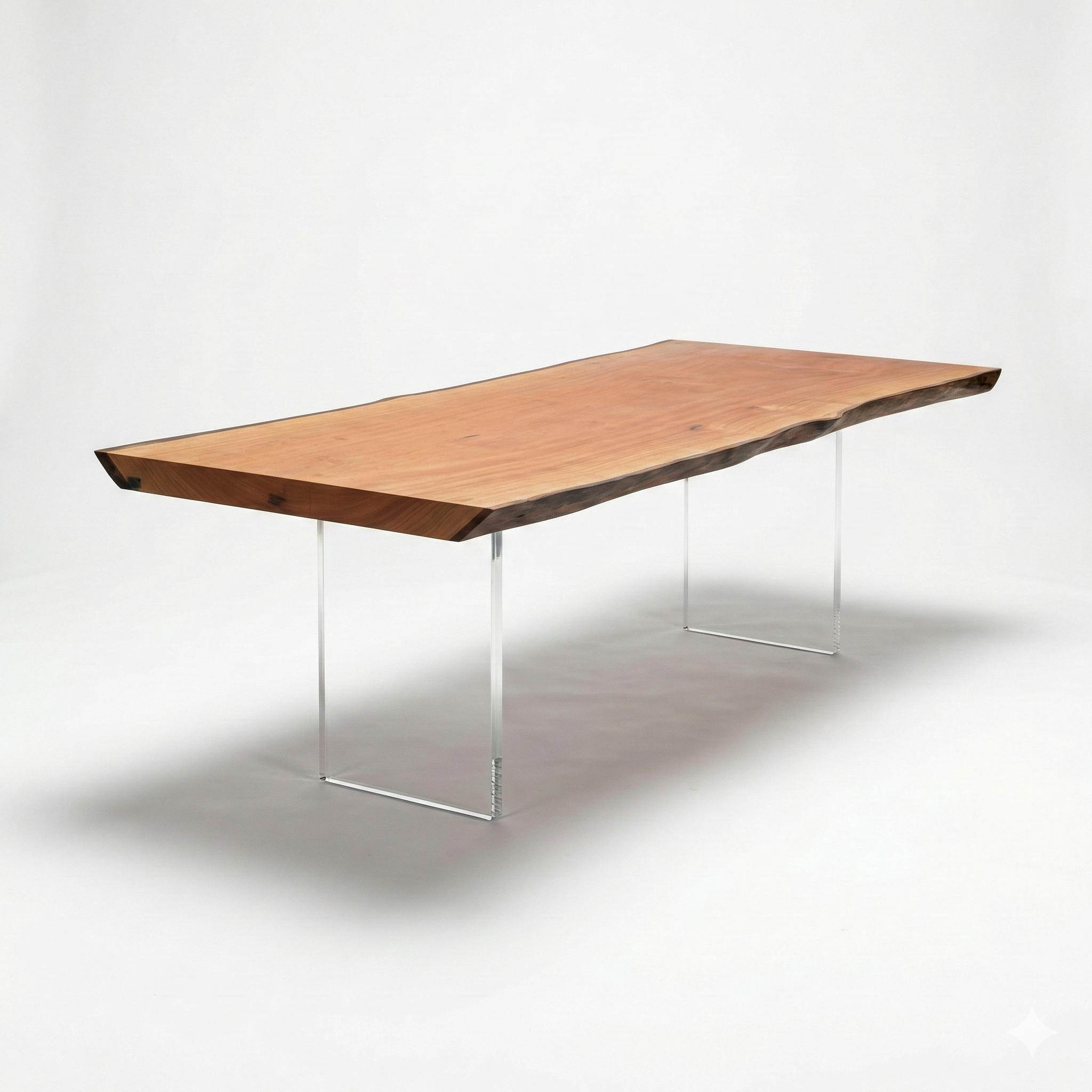 mesa organica arboreal madeira maciça com pe de acrilico transparente tampo inteiriço