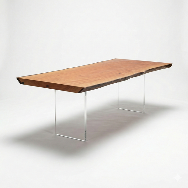 mesa organica arboreal madeira maciça com pe de acrilico transparente tampo inteiriço