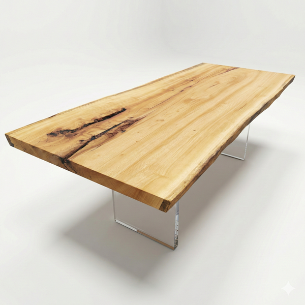 mesa organica arboreal madeira maciça com pe de acrilico transparente tampo rustico com detalhes organicos