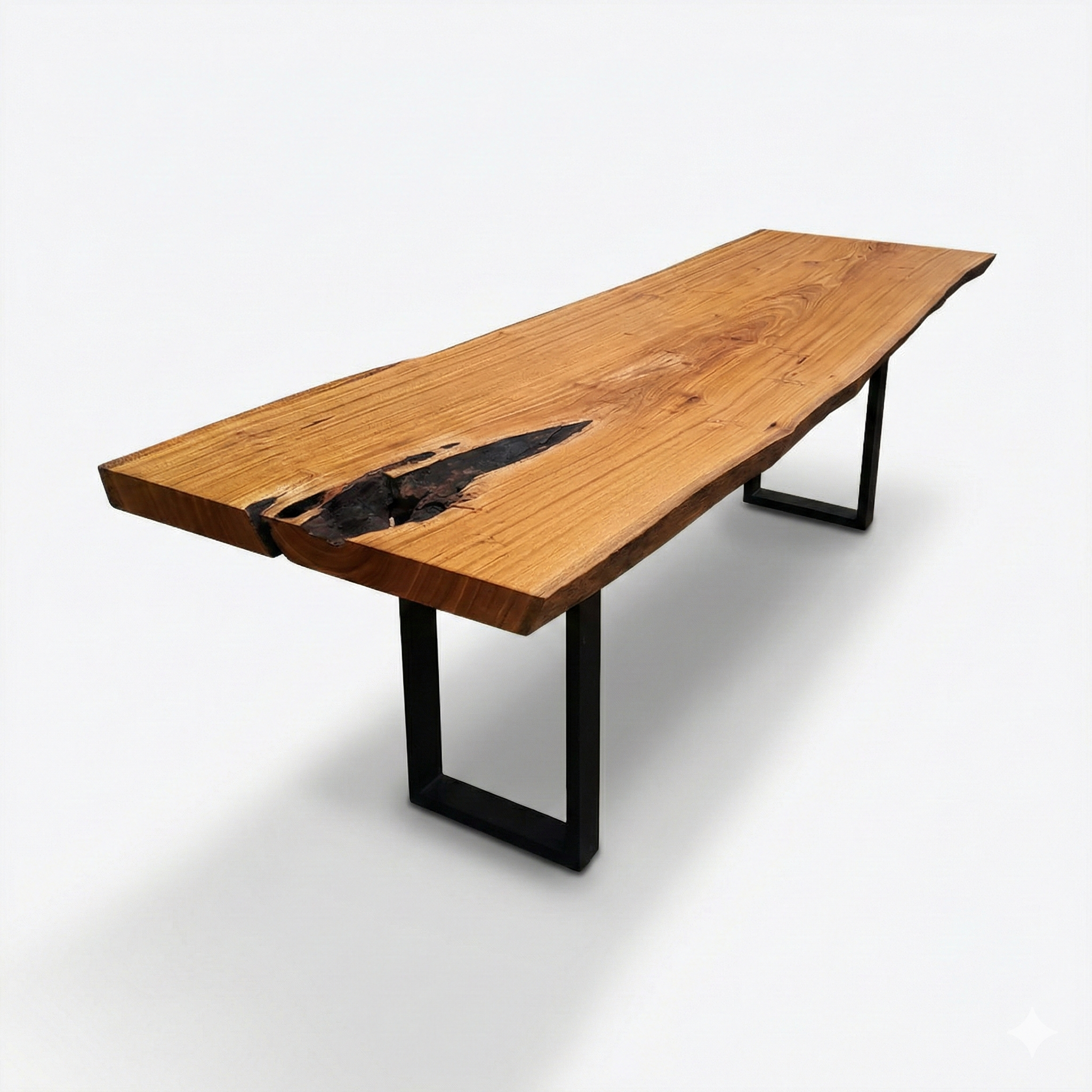 mesa organica arboreal madeira maciça com pe de ferro estilo industrial tampo rustico com detalhes organicos