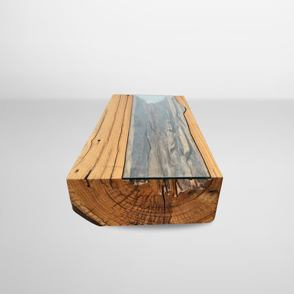 mesa de centro rustica com vidro organico pronta entrega arboreal