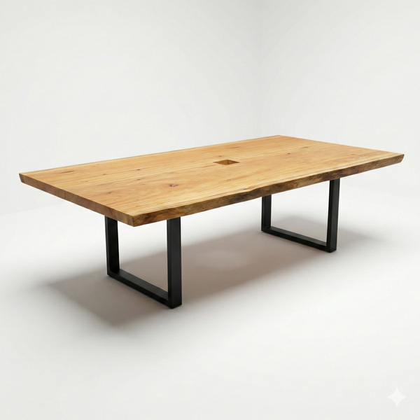 mesa reuniao madeira maciça com recorte pra tomada arboreal