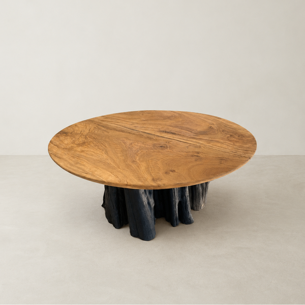 mesa madeira maciça redonda base rustica preta arboreal