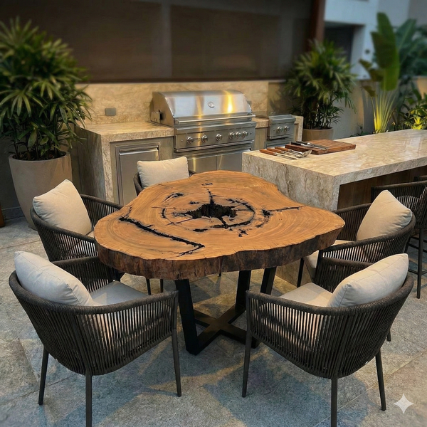 mesa redonda madeira maciça 6 lugares pronta entrega arboreal area de churrasqueira