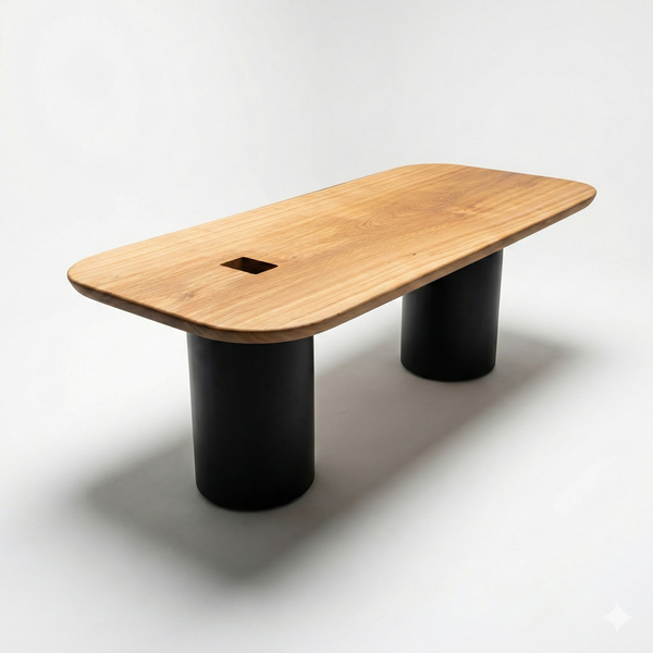 mesa reuniao madeira maciça com recorte pra tomada