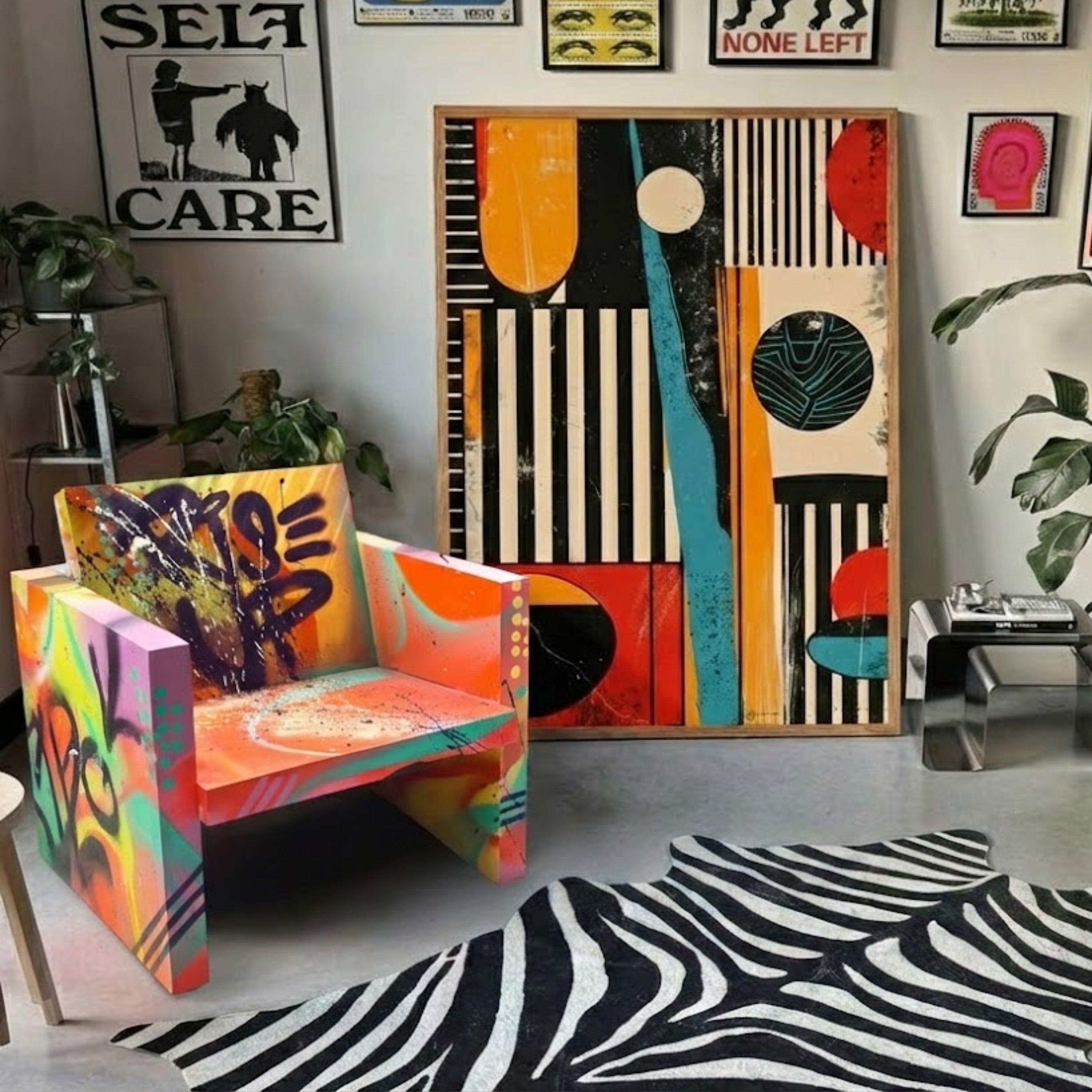 Poltrona Canopy Wood em madeira maciça ArboREAL customizada com pintura artística em estilo grafite, design contemporâneo e presença escultural em ambiente criativo com obras de arte e tapete gráfico
