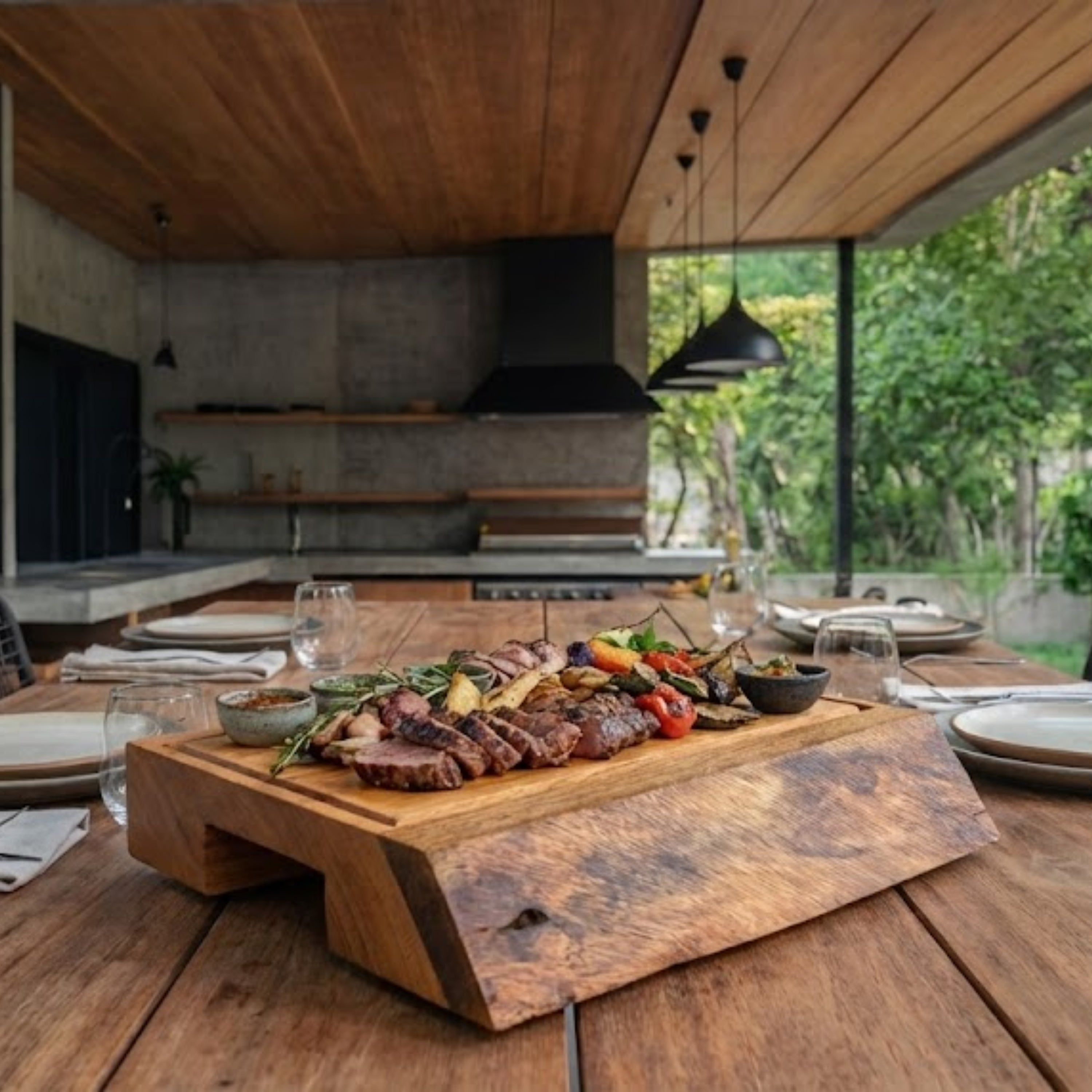 Tábua de carne em madeira maciça utilizada para servir carnes grelhadas em mesa de jantar, com bloco sólido, veios naturais e acabamento artesanal